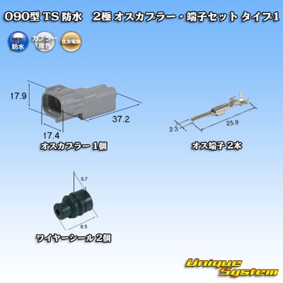 画像1: 住友電装 090型 TS 防水 2極 オスカプラー・端子セット タイプ1 灰色