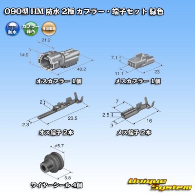 画像1: 住友電装 090型 HM 防水 2極 カプラー・端子セット 緑色