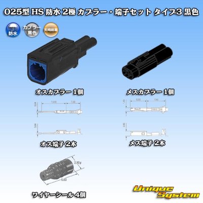 画像1: 矢崎総業 025型 HS 防水 2極 カプラー・端子セット タイプ3 黒色