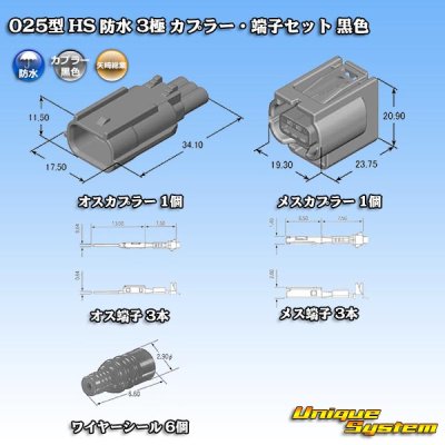 画像1: 矢崎総業 025型 HS 防水 3極 カプラー・端子セット 黒色