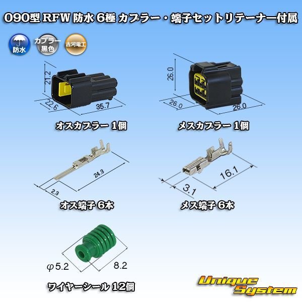 画像1: 古河電工 090型 RFW 防水 6極 カプラー・端子セット 黒色 リテーナー付属 (1)