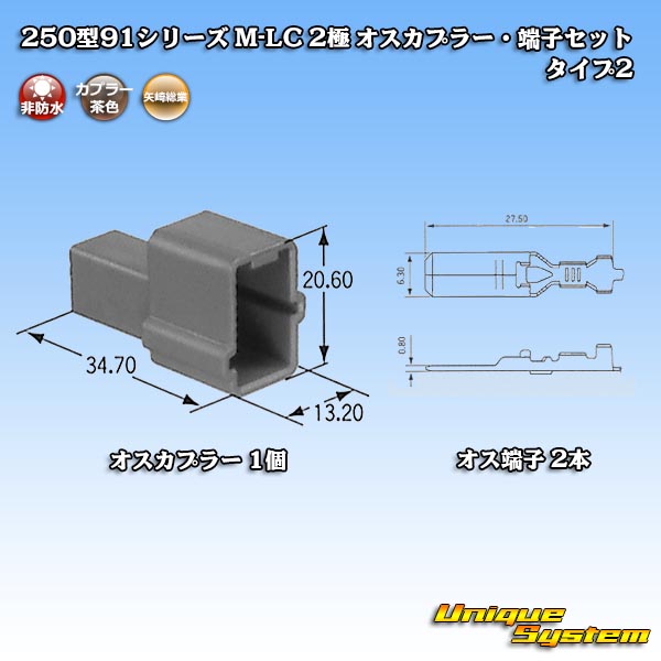 画像1: 矢崎総業 250型91シリーズ M-LCタイプ 非防水 2極 オスカプラー・端子セット タイプ2 (1)