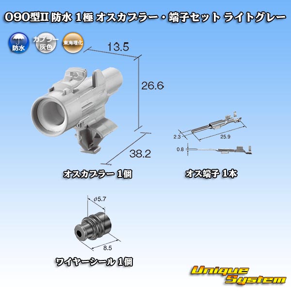 画像1: 東海理化 090型II 防水 1極 オスカプラー・端子セット ライトグレー (1)