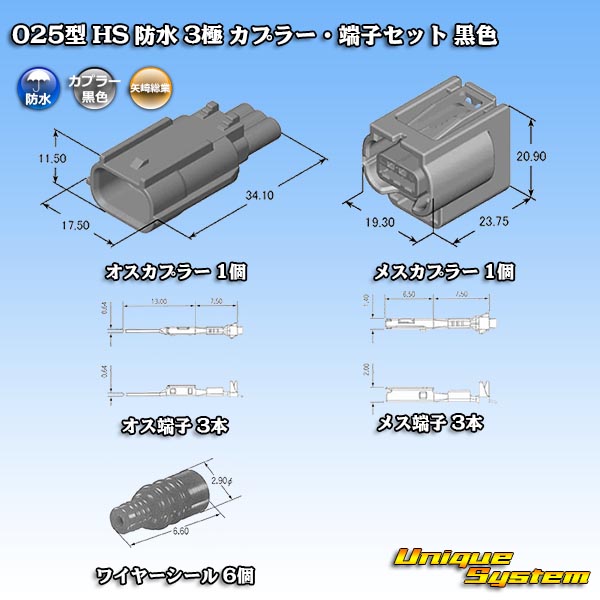 画像1: 矢崎総業 025型 HS 防水 3極 カプラー・端子セット 黒色 (1)