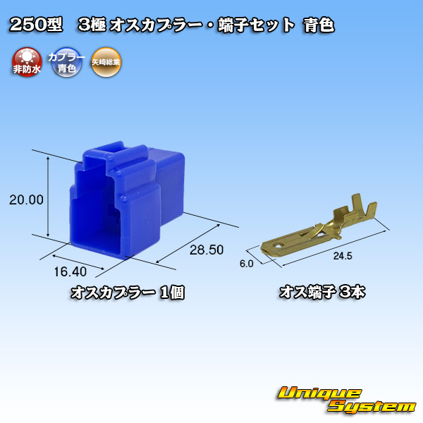画像1: 矢崎総業 250型 CN(A) 非防水 3極 オスカプラー・端子セット 青色 (1)